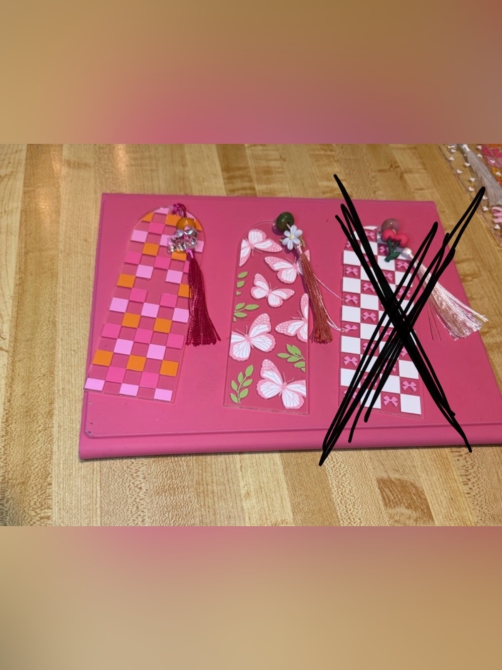 Handmade acrylic bookmarks floral, smiley, and cherry designs with tassels - Picture 2 of 5